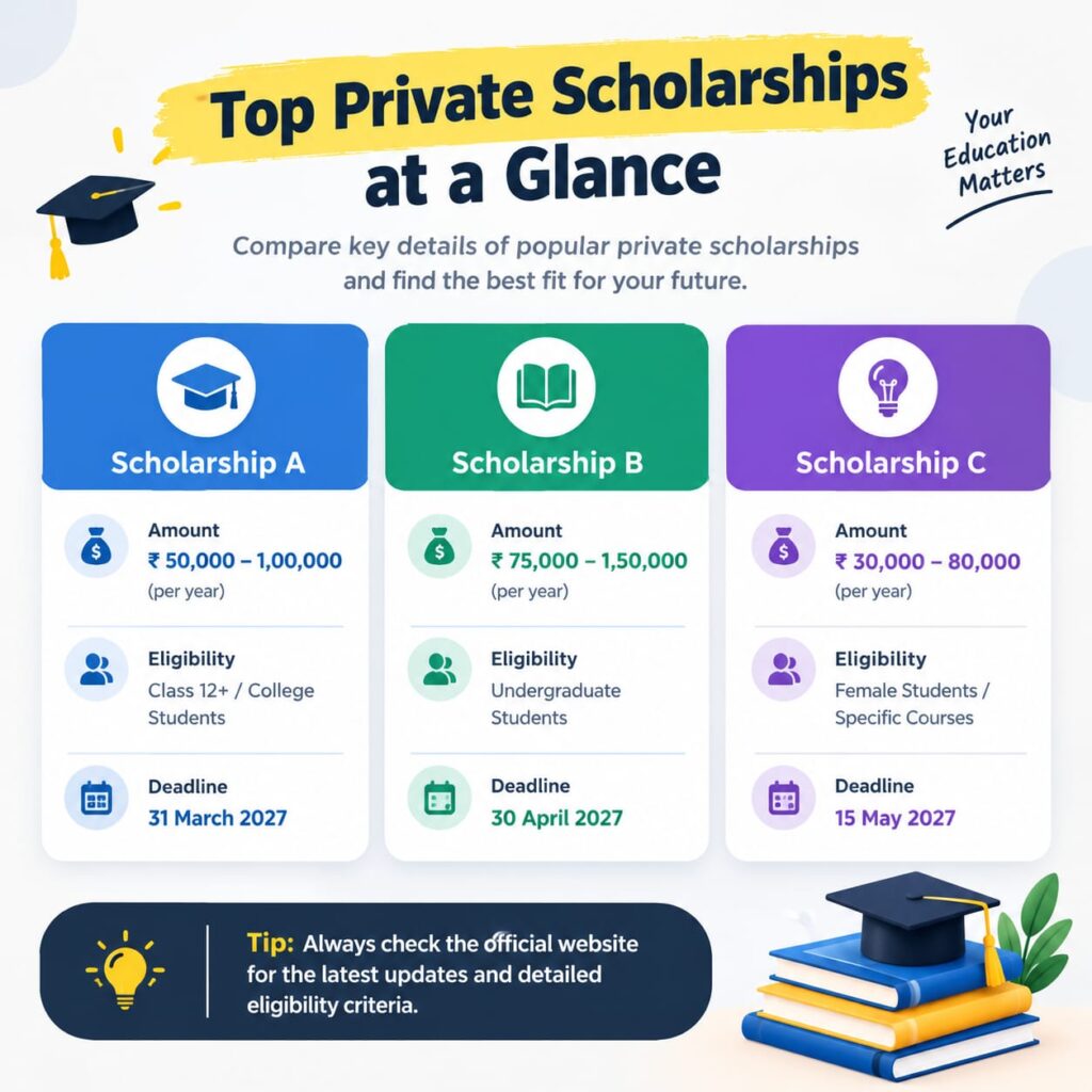 Comparison of top private scholarships for Indian students showing scholarship amounts, eligibility criteria, and deadlines
